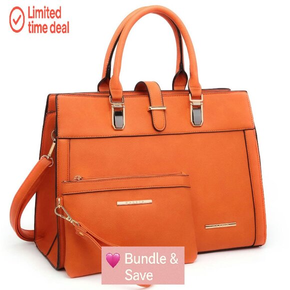 Vegan Leather Tote with Wristlet Flap-Over Belt Multiple Pockets
